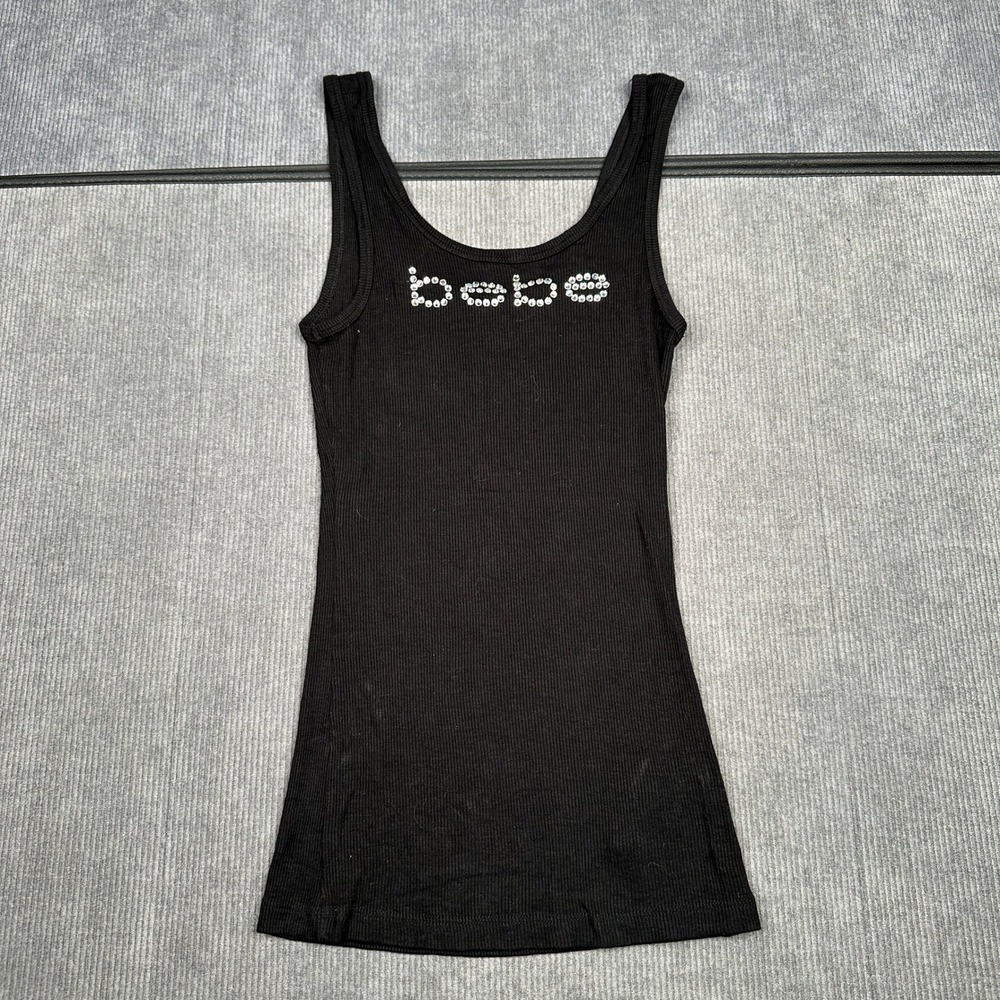 Bebe Rhinestone Logo Ribbed Tank Top Black Y2K XS Scoop Neck Made in USA